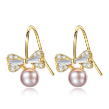 Lovely CZ Bowknot Sterling Silver Freshwater Pearl Stud Earrings